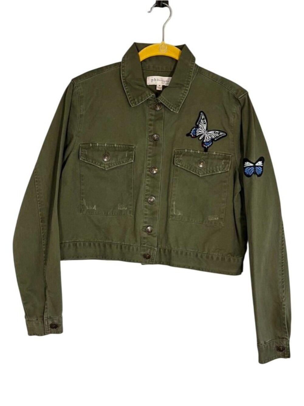 Military Utility Crop Jacket Green M Butterfly Fairy Whimsical Festival Western